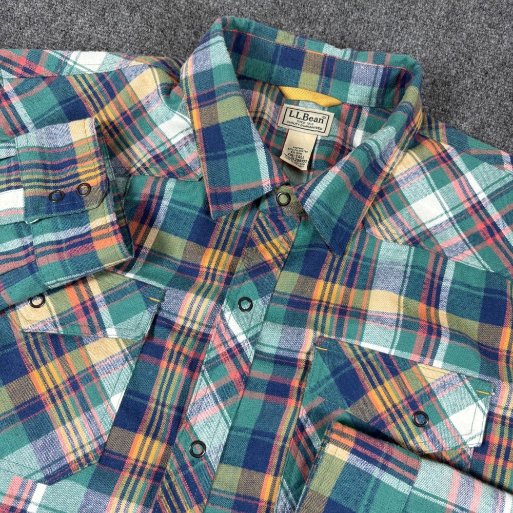 LL Bean Mens XXL Tall Plaid Snap Front Wool Blend Western Flannel Shirt Green